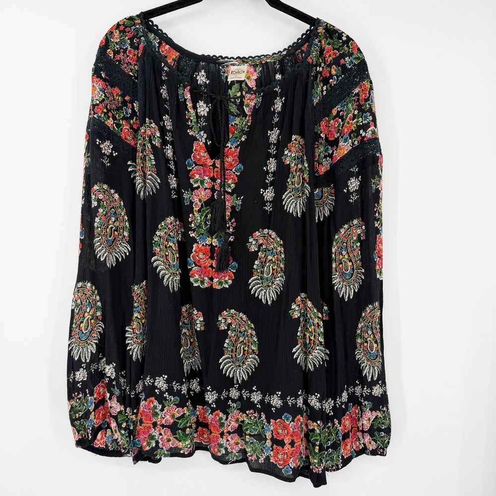 Bila Boho Paisley Floral Peasant Blouse Black Crochet Lace Tassel Top Large